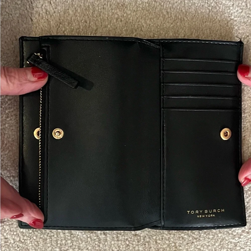 Tory Burch Black Quilted Leather Wallet with Gold Logo